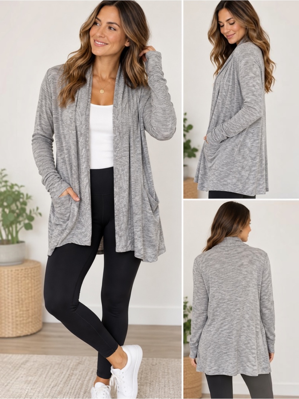 Athleta Pranayama Wrap Cardigan M Gray Modal Open Front Pockets Thumbholes